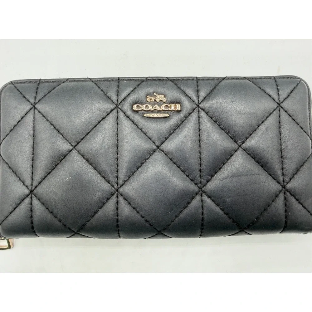 Coach Black Quilted Leather Accordion Zip Wallet Gold Hardware C3441‎